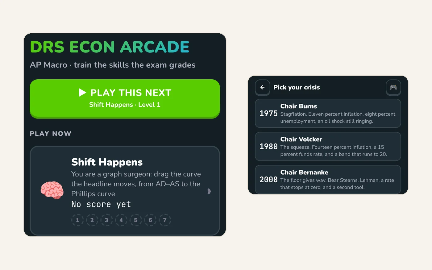 Two screens from the DRS Econ Arcade: the game list, and Fed Chair asking you to pick a crisis