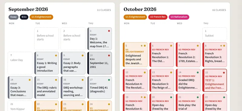 A Global History pacing calendar for September and October, with each class day labeled by unit and lesson