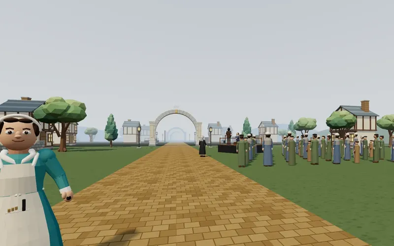 Road to Revolution: a 3D town square with a crowd and a stone arch at the end of a brick road