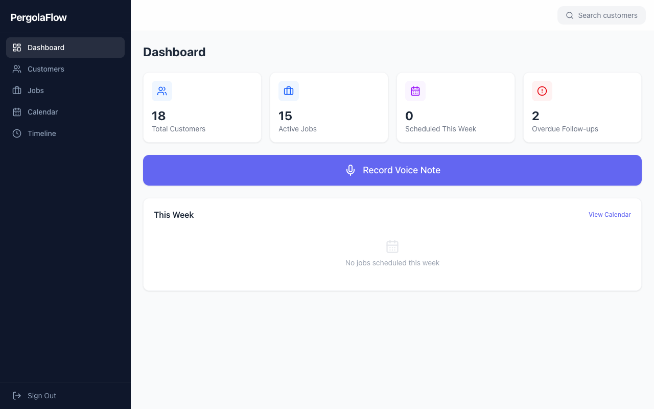 PergolaFlow CRM Dashboard showing customer stats, active jobs, and voice recording interface