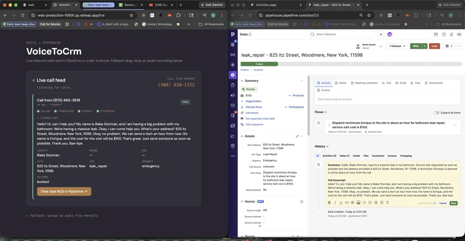 Voice-to-CRM dashboard with live call transcript flowing into a structured Pipedrive deal
